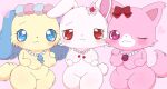  &lt;3 &lt;3_eyes accessory anthro azuo blue_eyes blue_hair blush bow_ribbon breasts canid canine canis domestic_cat domestic_dog facial_tuft felid feline felis female flower flower_in_hair fur garnet_(jewelpet) genitals group hair hair_accessory hair_bow hair_ribbon hi_res jewelpet jewelry lagomorph leporid mammal necklace nipples one_eye_closed persian_cat pink_balls pink_body pink_eyes pink_fur plant pussy rabbit red_eyes ribbons ruby_(jewelpet) sanrio sapphie semi-anthro thick_thighs trio white_body white_fur wide_hips wink yellow_body yellow_fur 