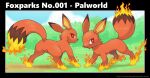  canid canine duo fakemon fe featureless_crotch female feral fire flaming_legs flaming_tail fox foxpark fur hi_res male male/female mammal orange_body orange_fur palworld presenting red_eyes simple_background tail vavacung 