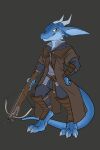  5_fingers anthro biped black-kitten blue_body claws clothed clothing countershade_face countershading crossbow digitigrade fingers hi_res holding_object holding_weapon horn kobold male ranged_weapon scalie simple_background smile solo tail weapon 