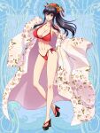  1girl bikini black_hair blue_background breasts collarbone covered_nipples dairoku_ryouhei floral_print full_body hand_up highres japanese_clothes kimono kuruse_chihaya large_breasts long_hair navel pink_kimono platform_footwear print_kimono red_bikini red_headwear red_nails sachi_tuna side-tie_bikini_bottom sidelocks smile solo swimsuit toeless_footwear wide_sleeves 