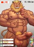  abs absurd_res anthro balls bandai_namco biceps blush cellphone digimon digimon_(species) embarrassed erection flexing genitals hi_res leomon livestream male miazuma_shouki muscular muscular_anthro muscular_male nipples nude pecs penis phone selfie smartphone vein veiny_muscles 