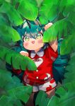  1girl aqua_hair blush_stickers buttons chibi cloud_print curly_hair exploration green_eyes heart highres horns kariyushi_shirt komano_aunn leaf long_hair nature palm_leaf red_shirt red_trim shirt shorts single_horn solo touhou translated uchisaki_himari white_shorts 