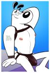  anthro bracelet bulge canid canine canis chest_harness clothed clothing dickarmdaryl_(artist) digital_media_(artwork) domestic_dog dudley_puppy erection erection_under_clothing gesture hand_behind_head harness hi_res jewelry jockstrap leather leather_harness looking_at_viewer male mammal muscular nickelodeon nipple_piercing nipples pecs piercing pinup pose simple_background sitting_on_table solo spiked_bracelet spikes suggestive suggestive_gesture t.u.f.f._puppy toony underwear 