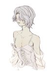  1girl bare_shoulders collarbone cropped_torso crossdressing dark_souls_(series) dark_souls_i dark_sun_gwyndolin grey_hair highres long_sleeves otoko_no_ko parted_bangs parted_lips short_hair simple_background solo teeth upper_body white_background zunkome 