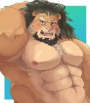  abs anthro arsalan blush brown_body brown_fur felid fur green_hair hair hi_res lifewonders lion male mammal mane mature_male muscular muscular_anthro muscular_male nipples pantherine pecs shirtless siro_zamurai05 solo tokyo_afterschool_summoners 