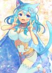  1girl :d animal_ear_fluff animal_ears bare_shoulders blue_cape blue_eyes blue_hair breasts bridal_legwear cape cat_ears cat_girl cat_tail cleavage commentary_request copyright_request double_v hair_between_eyes hands_up jewelry kou_hiyoyo large_breasts long_hair no_shoes ring smile solo standing standing_on_one_leg tail thighhighs v virtual_youtuber white_thighhighs 