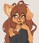  2023 anthro apogee_(tinygaypirate) breasts bridge_piercing canid canine canis clothed clothing digital_media_(artwork) domestic_dog ear_piercing ear_ring facial_piercing female female_anthro finger_in_mouth floppy_ears fur hair hi_res kemono long_hair mammal nose_piercing off_shoulder open_mouth piercing ring_piercing small_breasts solo spitz tattoo teeth tinygaypirate tongue 