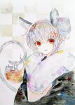  1girl animal_ears basket chinese_zodiac flower hair_flower hair_ornament happy_new_year highres ikeda_ruriko medium_hair mouse mouse_ears mouse_girl mouse_tail nazrin painting_(medium) purple_flower smile solo tail tile_background touhou traditional_media watercolor_(medium) year_of_the_rat 