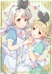  2girls animal_ears apron black_hairband blue_dress blue_eyes blush bow bowtie braid braided_bangs breasts brown_eyes brown_hair dot_nose dress drill_hair earrings fake_animal_ears flat_chest flower frilled_apron frills green_dress grey_hair hair_bow hair_ribbon hairband hand_up highres hisakawa_nagi holding_hands idolmaster idolmaster_cinderella_girls idolmaster_cinderella_girls_starlight_stage interlocked_fingers jewelry leaf light_brown_hair long_hair looking_at_another looking_at_viewer low_twintails morikubo_nono multiple_girls open_mouth pink_bow pink_bowtie pink_flower pink_ribbon pink_rose puffy_short_sleeves puffy_sleeves rabbit_earrings rabbit_ears ribbon ringlets rose shisui_(5830217) short_sleeves small_breasts striped striped_background twintails waist_bow white_apron white_bow white_ribbon white_wrist_cuffs 