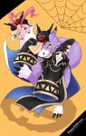  anthro bandai_namco claws clothing digimon digimon_(species) dorumon duo feral fur halloween halloween_costume hat headgear headwear hi_res holidays jiangshi_costume oversized_sleeves purple_body purple_fur shioronshion spider_web talisman tokomon_x x-digimon yellow_eyes 