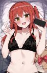  1girl bed_sheet black_bra blush bocchi_the_rock! bra cellphone collarbone green_eyes hair_between_eyes highres holding holding_phone kita_ikuyo long_hair looking_at_viewer navel one_side_up open_mouth phone pillow red_hair rouka_(akatyann) smartphone solo underwear upper_body v 