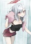  1girl absurdres after_bathing bath black_camisole blue_archive blush breasts camisole collarbone crop_top dolphin_shorts grey_hair halo highres holding holding_towel leaning_forward looking_at_viewer mutsuki_(blue_archive) navel pink_eyes pink_towel red_shorts shorts small_breasts smile solo strap_slip syhan tile_wall tiles towel water_drop 