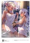  2girls absurdres blue_eyes blush breasts bucket choker covering dark-skinned_female dark_skin earrings expressionless grey_hair highres iona_(trente) jewelry lantern large_breasts long_hair looking_at_viewer low_twintails multiple_girls naked_towel non-web_source nude_cover onsen original parted_lips pink_eyes ribbon_choker sig_(trente) sitting small_breasts smile snow soaking_feet stud_earrings towel trente twintails two_side_up water winter wooden_bucket 