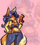  2023 anthro artist_name belt big_breasts blue_hair blush bottomwear breasts brown_eyes camel_toe canid canine carmelita_fox choker cleavage clothed clothing crop_top curvy_figure ear_piercing ear_ring female fox fur gun hair hand_on_hip hi_res imako-chan inner_ear_fluff jacket jewelry long_hair looking_at_viewer mammal multicolored_body multicolored_fur navel necklace orange_body orange_fur pants piercing police pose ranged_weapon ring_piercing shirt shock_pistol signature sly_cooper_(series) solo sony_corporation sony_interactive_entertainment standing sucker_punch_productions tail thick_thighs tight_clothing topwear tube_top tuft two_tone_body two_tone_fur two_tone_tail voluptuous weapon wide_hips yellow_body yellow_fur 