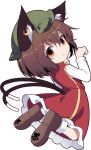  1girl animal_ear_piercing animal_ears brown_footwear cat_ears cat_girl cat_tail chen clenched_hands closed_mouth commentary earrings full_body green_headwear hat jewelry long_sleeves looking_at_viewer midori_(misuriru8) mob_cap multiple_tails nekomata paw_print red_eyes red_shirt red_skirt shirt simple_background single_earring skirt smile socks solo tail touhou two_tails white_background white_socks 