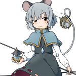  1girl animal animal_ears basket bishamonten&#039;s_pagoda black_dress capelet closed_mouth confused cowboy_shot dowsing_rod dress eyes_visible_through_hair grey_capelet grey_hair grey_tail high_collar holding jewelry light_blush long_sleeves mouse mouse_ears mouse_girl mouse_tail nazrin pendant raised_eyebrow red_eyes shirt short_hair simple_background solo tail tail_raised touhou toujou_(toujou_ramen) uneven_eyes white_background white_shirt 