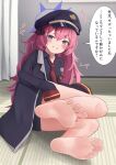  1girl absurdres barefoot blue_archive blue_eyes blush greek_toe grin halo hat highres iroha_(blue_archive) long_hair lts_kakuyo on_floor red_hair sleeves_past_wrists smile soles speech_bubble spread_toes toes translation_request 