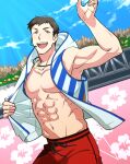  1boy abs absurdres black_hair collarbone grey_eyes headset highres hood hooded_jacket idolmaster idolmaster_side-m jacket male_focus male_swimwear mochi_(boc) muscular muscular_male navel no_nipples open_clothes open_jacket open_mouth outdoors pectorals shingen_seiji short_hair sideburns solo swim_trunks teeth upper_teeth_only 