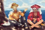  2boys aged_up black_hair blonde_hair blue_eyes brillantkaro cape closed_eyes cloud cloudy_sky crossed_legs crossover day full_body hat male_focus monkey_d._luffy multiple_boys naruto naruto_(series) one_eye_closed one_piece open_clothes open_mouth outdoors red_shirt sandals scar scar_on_cheek scar_on_chest scar_on_face shirt short_hair shorts signature sitting sky smile straw_hat teeth uzumaki_naruto whiskers white_cape 