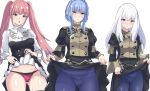  3girls :o angry ascot ass_visible_through_thighs blue_hair blush braid breasts brown_eyes buttons cameltoe closed_mouth clothes_lift commentary_request crown_braid embarrassed fire_emblem fire_emblem:_three_houses frown garreg_mach_monastery_uniform highres hilda_valentine_goneril large_breasts latte lifted_by_self long_hair long_sleeves looking_at_viewer lysithea_von_ordelia marianne_von_edmund medium_breasts multiple_girls panties pantyhose pink_eyes pink_hair pink_panties puffy_sleeves simple_background skirt skirt_lift small_breasts solo sweatdrop thighs twintails underwear uniform very_long_hair white_ascot white_background white_hair 