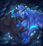  ambiguous_gender black_body black_feathers black_wings blue_body blue_feathers blue_fur blue_tail blue_wings claws cuddling dragon duo feathered_wings feathers feral fur furred_dragon grey_claws grey_horn hi_res horn kuribon tail white_horn wings zephyr_the_drake 