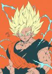  1boy absurdres artist_name biceps black_sash black_shirt black_wristband blonde_hair clenched_hands closed_mouth collarbone commentary_request dougi dragon_ball dragon_ball_z electricity energy green_eyes highres looking_at_viewer male_focus muscular muscular_male orange_background pectorals sash scratches serious seya_(asasei_718) shirt short_sleeves signature simple_background solo son_goku spiked_hair super_saiyan super_saiyan_2 torn_clothes torn_shirt upper_body v-shaped_eyebrows wristband 