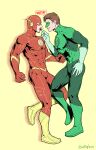  2boys bara barry_allen black_bodysuit blush bodysuit boots brown_hair chocolate couple dc_comics domino_mask english_text evinist feeding food gloves green_bodysuit green_lantern green_lantern_(series) hal_jordan highres holding holding_food large_pectorals looking_at_another male_focus mask multiple_boys muscular muscular_male pectorals red_bodysuit short_hair smile the_flash the_flash_(series) two-tone_bodysuit white_gloves yaoi 