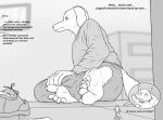  2023 5_fingers 5_toes anthro barefoot beastars bird_dog blurred_background bottomwear brown_eyes canid canine canis clothing digital_drawing_(artwork) digital_media_(artwork) domestic_dog duo english_text feet fingers footwear golden_retriever hand_on_leg hi_res humanoid_feet hunting_dog inside jack_(beastars) larger_anthro larger_male legoshi_(beastars) macro male mammal micro pants plantigrade retriever shirt shoes shrinking signature size_difference size_transformation sketch smaller_anthro smaller_male smellslikejavier socks tail text toes topwear transformation unaware wolf 