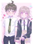  1boy 1girl ahoge arms_at_sides black_jacket black_pants black_shirt blush breast_pocket brown_eyes collared_shirt danganronpa_(series) danganronpa_2:_goodbye_despair dress_shirt flipped_hair frown galaga green_necktie hair_ornament highres hinata_hajime iro_(mywife_sunny) jacket looking_at_another medium_hair nanami_chiaki neck_ribbon necktie open_clothes open_jacket pants pink_ribbon pocket ribbon shirt smile two-tone_shirt white_shirt 