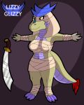  2021 anthro biped breasts claws clothing dragon english_text eyelashes female hi_res juna_june_(lizzyglizzy) lizzyglizzy purple_body purple_claws purple_scales purple_spikes scales scalie smile solo spikes spikes_(anatomy) t-pose tan_body tan_clothing tan_scales text wrappings yellow_eyes 