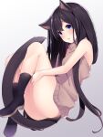  1girl animal_ears ao_no_neko ass black_footwear black_hair blue_eyes blush boots cat_ears cat_tail gradient_background hand_on_own_thigh highres long_hair looking_at_viewer naked_sweater open_mouth original sleeveless sleeveless_turtleneck solo sweater tail turtleneck wavy_mouth 