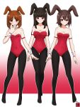  3girls absurdres aikazilla animal_ears black_leggings girls_und_panzer gradient_background highres leggings leotard mature_female mother_and_daughter multiple_girls nishizumi_maho nishizumi_miho nishizumi_shiho orange_eyes orange_hair playboy_bunny rabbit_ears red_leotard serious smile 