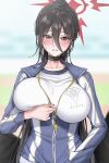  1girl amyu_(amm_asl_pa) black_choker black_hair black_wings blue_archive blue_jacket blush breasts choker feathered_wings gym_shirt gym_uniform hair_between_eyes halo hasumi_(blue_archive) hasumi_(track)_(blue_archive) highres huge_breasts jacket large_wings long_hair low_wings mole mole_under_eye official_alternate_costume open_mouth partially_unzipped ponytail red_eyes red_halo shirt solo sweat track_jacket whistle whistle_around_neck white_shirt wings 