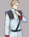  1boy adjusting_clothes belt_buckle blonde_hair blue_eyes buckle chain final_fantasy final_fantasy_viii hair_slicked_back high_collar male_focus military_uniform nini_tw99 scar scar_on_face scar_on_forehead seed_uniform_(ff8) seifer_almasy short_hair simple_background smile solo standing uniform 