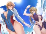  2girls arm_up armpits artoria_pendragon_(fate) artoria_pendragon_(lancer)_(fate) artoria_pendragon_(lancer_alter)_(fate) bare_shoulders bikini blonde_hair blue_sky breasts cloud fate/grand_order fate_(series) green_eyes hair_between_eyes hair_ornament hairclip hand_on_own_chest horse jacket kodama_yuu large_breasts long_sleeves multiple_girls navel ponytail sky sun swimsuit wristband yellow_eyes 