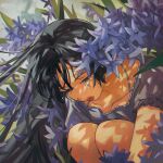  1girl bare_legs black_hair chromatic_aberration closed_eyes collarbone commentary_request crying flower highres hugging_own_legs long_eyelashes long_hair myango_(applemangocrape) original parted_lips purple_flower purple_shirt red_lips shirt solo tears 