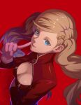  1girl blonde_hair blue_eyes bodysuit breasts cleavage earrings finger_to_mouth floating_hair gloves hair_ornament hairclip highres index_finger_raised jewelry long_hair looking_at_viewer medium_breasts persona persona_5 pink_gloves red_background red_bodysuit reveen shushing solo swept_bangs takamaki_anne twintails upper_body very_long_hair 