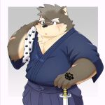  absurd_res anthro asian_clothing blush bodily_fluids canid canine canis clothing domestic_dog east_asian_clothing eyebrows fur grey_body grey_fur hi_res japanese_clothing katana kimono lifewonders male mammal melee_weapon moritaka musclegut pecs ruoain scar solo sweat sword thick_eyebrows tokyo_afterschool_summoners weapon 