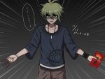  1boy amami_rantaro antenna_hair brown_pants collarbone cowboy_shot d: danganronpa_(series) danganronpa_v3:_killing_harmony ear_piercing earrings food gradient_background green_eyes green_hair grey_background hair_between_eyes highres holding holding_food jewelry long_sleeves necklace pants piercing pocky shirt solo speech_bubble striped striped_shirt suiren_yurei teeth translation_request upper_teeth_only 