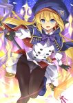  1girl artoria_caster_(fate) artoria_caster_(second_ascension)_(fate) artoria_pendragon_(fate) blonde_hair blue_eyes bow bowtie breasts fate/grand_order fate_(series) gloves hair_between_eyes hat highres holding holding_staff long_hair long_sleeves miniskirt open_mouth panties panties_under_pantyhose pantyhose skirt small_breasts solo staff tongue twintails underwear xiafuizui 