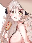  1girl absurdres bare_arms bare_shoulders bikini black_horns blue_archive breasts brown_hair corn_dog demon_horns food highres holding holding_food horns hot_dog izumi_(blue_archive) izumi_(swimsuit)_(blue_archive) large_breasts long_hair red_bikini simple_background solo swimsuit white_background yellow_eyes yhs040626 