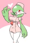  1girl arm_at_side blush bob_cut breasts clothed_pokemon colored_skin commentary_request dress gardevoir green_hair green_skin hair_over_one_eye hand_up happy hat heart kazamidoririnn looking_at_viewer medium_breasts multicolored_skin nurse nurse_cap one_eye_covered open_mouth personification pink_background pink_dress pink_headwear pokemon pokemon_(creature) red_eyes shiny_skin short_dress short_hair short_sleeves simple_background smile solo standing thighs two-tone_background two-tone_skin variant_set white_skin 