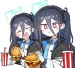  &lt;key&gt;_(blue_archive) 2girls aris_(blue_archive) black_hair blue_archive blue_necktie burger food hair_between_eyes highres jacket long_hair looking_at_viewer multiple_girls necktie pink_eyes shirt side_ponytail simple_background white_background white_jacket white_shirt yanggaengwang 