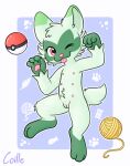  absurd_res anthro coille female floragato generation_9_pokemon genitals green_body hi_res looking_at_viewer nintendo nipples one_eye_closed pokeball pokemon pokemon_(species) pussy smile solo tongue tongue_out 