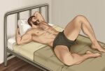  1boy 5i2 abs bara beard bed boxer_briefs call_of_duty call_of_duty:_modern_warfare_2 captain_price chest_hair closed_eyes facial_hair green_male_underwear highres large_pectorals lying male_focus male_underwear mature_male muscular muscular_male navel nipples on_back on_bed pectorals pillow sleeping solo thick_thighs thighs topless_male twitter_username underwear 