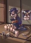  1girl absurdres animal_ears armpits arms_behind_head arms_up barefoot bdsm black_hair bondage bound bound_arms bound_legs breasts commission cuffs full_body highres indoors kuon_(utawarerumono) long_hair low-tied_long_hair medium_breasts nero_augustus restrained rope sash second-party_source shackles shibari shibari_over_clothes shoes shoes_removed solo sweat tail utawarerumono utawarerumono:_itsuwari_no_kamen 
