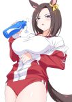  1girl air_groove_(umamusume) animal_ears bob_cut bottle breasts brown_hair commentary ear_ribbon highres holding holding_bottle horse_ears horse_girl horse_tail kamuraaa_615 large_breasts looking_at_viewer plastic_bottle ribbon short_hair simple_background solo tail thick_thighs thighs tracen_training_uniform umamusume water_bottle white_background yellow_ribbon 