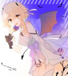  1girl :d bat_(animal) black_gloves blonde_hair bow candy cowboy_shot cross demon_tail demon_wings dress fake_tail fake_wings fangs food genshin_impact gloves halloween holding holding_food looking_at_viewer lumine_(genshin_impact) purple_bow short_hair sidelocks smile solo striped striped_bow tail white_dress wings yae_(yae_ringo) yellow_eyes 