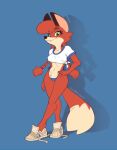  2022 anthro artist_name blue_background breasts canid canine clothing female footwear fox fur green_eyes hi_res looking_at_viewer mammal orange_body orange_fur panties patricia_mac_sionnach sharemyshipment shoes simple_background solo underwear 