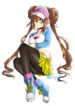  1girl aikosu_(icos) black_pantyhose blue_eyes breasts brown_hair closed_mouth commentary double_bun doughnut_hair_bun hair_between_eyes hair_bun light_blush long_hair looking_at_viewer medium_breasts pantyhose pantyhose_under_shorts pink_socks poke_ball_print pokemon pokemon_(game) pokemon_bw2 raglan_sleeves rosa_(pokemon) shirt shoes short_shorts shorts simple_background sitting smile sneakers socks solo twintails very_long_hair visor_cap white_background yellow_shorts 